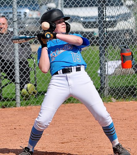 Cohen Burton with the Brandon U13 AAA Marlins leans back to avoid a high fastball during Game 2 of his team's doubleheader sweep of visiting Midwest. (Jules Xavier/The Brandon Sun)