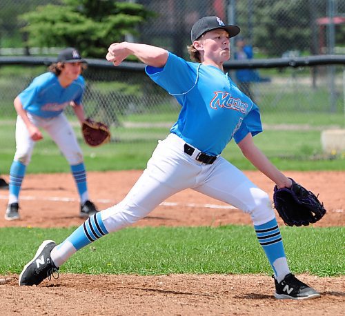 Brandon U13 AAA Marlins relief pitcher Brayden Olsen fires his pitch to catcher Carter McConnell during Game 1 won 16-4 facing visiting Midwest at Simplot Millenium Park. (Jules Xavier/The Brandon Sun)