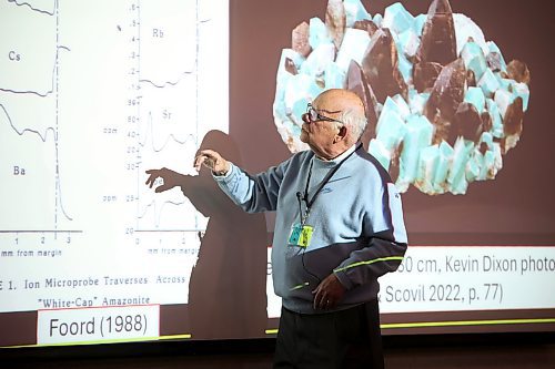 Prof. Robert F. Martin delivers the Distinguished Lecture during the GAC-MAC-PEG 2024 Geosciences Conference at Brandon University on Tuesday. (Tim Smith/The Brandon Sun)