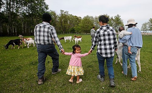 JOHN WOODS / FREE PRESS
ThaMu Eh, right, with her daughters Willow (pink) and Meadow (grey), walk with her father Doh Htoo Eh, left, and mother Nyo You San at their multi-generational home north of Stonewall Tuesday, May 21, 2024. 

Reporter: gabby