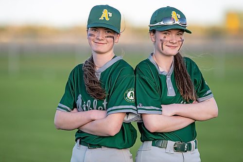 BROOK JONES / FREE PRESS
St. James A's (Yellow - female team) twin sisters Josie Miller (left) and Olivia Miller are pictured following the team's home game against the St. James A's (Green) in Winnipeg Minor Baseball League 15U AA action at St. James Optimist Fields in Winnipeg, Man., Wednesday, May 22, 2024. The St. James A's (Yellow  - female team) earned their first win of the 2024 season after earning a 6-2 vicrtory over the St. James A's (Green).