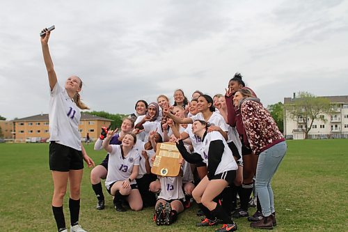 Marayna Kurchaba snaps a team selfie after scoring the game-winning goal to lift the Vincent Massey Vikings to a 3-1 extra time win over the Crocus Plainsmen in the city girls soccer final on Thursday. (Thomas Friesen/The Brandon Sun) 