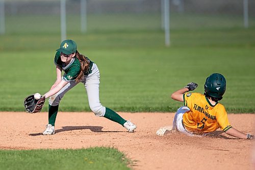 BROOK JONES / FREE PRESS
St. James A's (Yellow - female team) second base player Olivia Miller is pictured picking up the short hop during the team's home game against the St. James A's (Green) in Winnipeg Minor Baseball League 15U AA action at St. James Optimist Fields in Winnipeg, Man., Wednesday, May 22, 2024. The St. James A's (Yellow  - female team) earned their first win of the 2024 season after earning a 6-2 vicrtory over the St. James A's (Green).