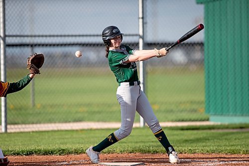 BROOK JONES / FREE PRESS
St. James A's (Yellow - female team) player Leah Davey pictured at bat during the team's home game against the St. James A's (Green) in Winnipeg Minor Baseball League 15U AA action at St. James Optimist Fields in Winnipeg, Man., Wednesday, May 22, 2024. The St. James A's (Yellow  - female team) earned their first win of the 2024 season after earning a 6-2 vicrtory over the St. James A's (Green).