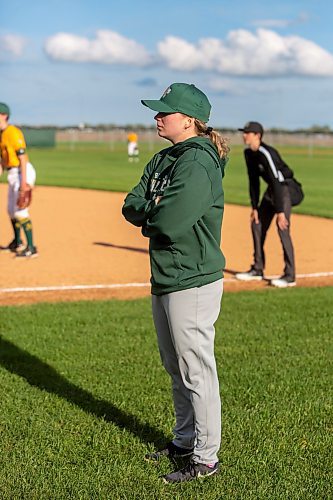 BROOK JONES / FREE PRESS
St. James A's (Yellow - female team) first base coach Jamey Johnson is pictured during the team's home game against the St. James A's (Green) in Winnipeg Minor Baseball League 15U AA action at St. James Optimist Fields in Winnipeg, Man., Wednesday, May 22, 2024. The St. James A's (Yellow  - female team) earned their first win of the 2024 season after earning a 6-2 vicrtory over the St. James A's (Green).
