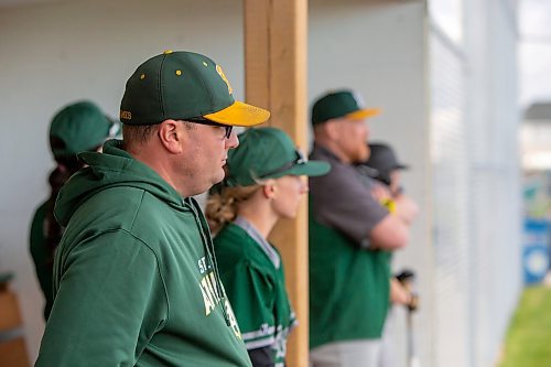 BROOK JONES / FREE PRESS
St. James A's (Yellow - female team) coach Jason Miller is pictured in the dugout during the team's home game against the St. James A's (Green) in Winnipeg Minor Baseball League 15U AA action at St. James Optimist Fields in Winnipeg, Man., Wednesday, May 22, 2024. The St. James A's (Yellow  - female team) earned their first win of the 2024 season after earning a 6-2 vicrtory over the St. James A's (Green).