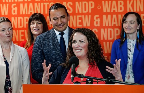Tuxedo byelection candidate Carla Compton speaks to media after NDP leader Wab Kinew introduced her to supporters at the party's River Heights constituency office on Monday. (John Woods/Winnipeg Free Press)