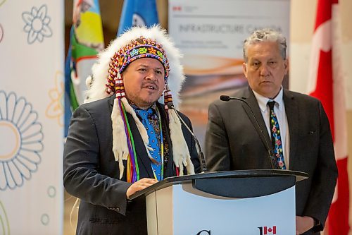 BROOK JONES / FREE PRESS
Southern Chiefs' Organization Grand Chief Jerry Daniels (left) answers questions from members of the media while Minister for PrairiesCan the Hon. Dan Vandal looks on during funding announcement for the Wehwehneh Bahgahkinahgohn Project at the site of the former Hudson's Bay Company building in downtown Winnipeg, Man., Friday, May 24, 2024. Infrastructure Canada is investing $25 million  while PrairiesCan is investing $6 million for the redevelopment of the former Hudson&#x2019;s Bay building into a housing and cultural hub for Indigenous people.