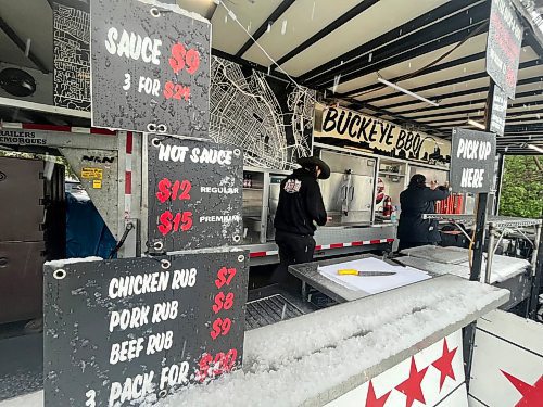 Slushy snow covers the front counter of Buckeye BBQ's food trailer on Friday at the Riverbank Discovery Centre in Brandon during the first day of the Western Canada Rib Fest Tour. (Matt Goerzen/The Brandon Sun)