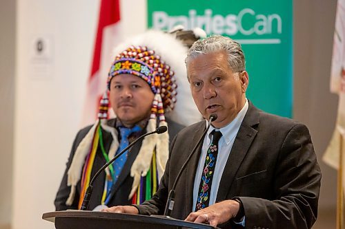 BROOK JONES / FREE PRESS
Minister for PrairiesCan the Hon. Dan Vandal (right) answers questions from members of the media as Southern Chiefs' Organization Grand Chief Jerry Daniels looks on during funding announcement for the Wehwehneh Bahgahkinahgohn Project at the site of the former Hudson's Bay Company building in downtown Winnipeg, Man., Friday, May 24, 2024. Infrastructure Canada is investing $25 million  while PrairiesCan is investing $6 million for the redevelopment of the former Hudson&#x2019;s Bay building into a housing and cultural hub for Indigenous people.