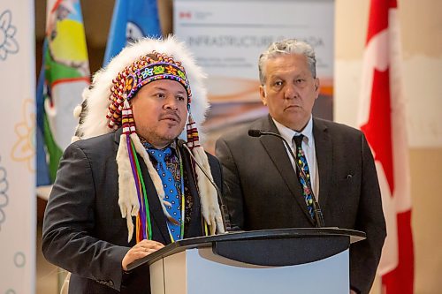 BROOK JONES / FREE PRESS
Southern Chiefs' Organization Grand Chief Jerry Daniels (left) answers questions from members of the media while Minister for PrairiesCan the Hon. Dan Vandal looks on during funding announcement for the Wehwehneh Bahgahkinahgohn Project at the site of the former Hudson's Bay Company building in downtown Winnipeg, Man., Friday, May 24, 2024. Infrastructure Canada is investing $25 million  while PrairiesCan is investing $6 million for the redevelopment of the former Hudson&#x2019;s Bay building into a housing and cultural hub for Indigenous people.