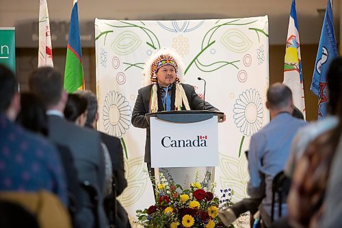 BROOK JONES / FREE PRESS
Southern Chiefs' Organization Grand Chief Jerry Daniels speaks during a funding announcement for the Wehwehneh Bahgahkinahgohn Project at the site of the former Hudson's Bay Company building in downtown Winnipeg, Man., Friday, May 24, 2024. Infrastructure Canada is investing $25 million  while PrairiesCan is investing $6 million for the redevelopment of the former Hudson&#x2019;s Bay building into a housing and cultural hub for Indigenous people.