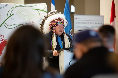BROOK JONES / FREE PRESS
Southern Chiefs' Organization Grand Chief Jerry Daniels looks at his speaking notes during a funding announcement for the Wehwehneh Bahgahkinahgohn Project at the site of the former Hudson's Bay Company building in downtown Winnipeg, Man., Friday, May 24, 2024. Infrastructure Canada is investing $25 million  while PrairiesCan is investing $6 million for the redevelopment of the former Hudson&#x2019;s Bay building into a housing and cultural hub for Indigenous people.
