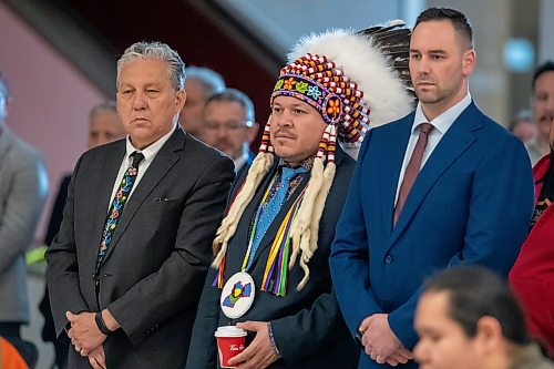 BROOK JONES / FREE PRESS
Southern Chiefs' Organization Grand Chief Jerry Daniels (middle) is pictured with Minister for PrairiesCan the Hon. Dan Vandal (left) and MP for Winnipeg South Centre Ben Carr (right) during funding announcement for the Wehwehneh Bahgahkinahgohn Project at the site of the former Hudson's Bay Company building in downtown Winnipeg, Man., Friday, May 24, 2024. Infrastructure Canada is investing $25 million  while PrairiesCan is investing $6 million for the redevelopment of the former Hudson&#x2019;s Bay building into a housing and cultural hub for Indigenous people.