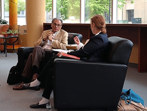 Nationally celebrated Canadian journalist and former Brandon Sun editor Haroon Siddiqui joined Kelly Saunders, Brandon University political science professor at Brandon University on Saturday afternoon. Siddiqui shared excerpts from his new book, “My Name Is Not Harry: A Memoir,” during a free public event in a fireside chat-style conversation with Saunders - in front of an audience of about 50 people, in the university's library. Notable Brandonites in attendance included, Mayor Jeff Fawcett, David Docherty, the university's president, Grant Hamilton, BU's director of marketing and communications, Colin Slark, Brandon Sun news reporter, and Matt Goerzen, Brandon Sun editor. (Michele McDougall/The Brandon Sun)