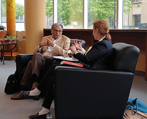 Nationally celebrated Canadian journalist and former Brandon Sun editor Haroon Siddiqui joined Kelly Saunders, Brandon University political science professor at Brandon University on Saturday afternoon. Siddiqui shared excerpts from his new book, “My Name Is Not Harry: A Memoir,” during a free public event in a fireside chat-style conversation with Saunders - in front of an audience of about 50 people, in the university's library. Notable Brandonites in attendance included, Mayor Jeff Fawcett, David Docherty, the university's president, Grant Hamilton, BU's director of marketing and communications, Colin Slark, Brandon Sun news reporter, and Matt Goerzen, Brandon Sun editor. (Michele McDougall/The Brandon Sun)