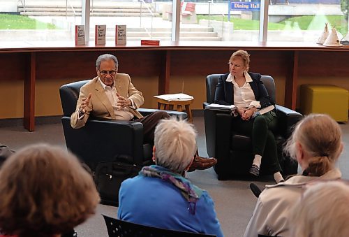 Nationally celebrated Canadian journalist and former Brandon Sun editor Haroon Siddiqui joined Kelly Saunders, Brandon University political science professor at Brandon University on Saturday afternoon. Siddiqui shared excerpts from his new book, “My Name Is Not Harry: A Memoir,” during a free public event in a fireside chat-style conversation with Saunders - in front of an audience of about 50 people, in the university's library. Notable Brandonites in attendance included, Mayor Jeff Fawcett, David Docherty, the university's president, Grant Hamilton, BU's director of marketing and communications, Colin Slark, Brandon Sun news reporter, and Matt Goerzen, Brandon Sun editor. (Michele McDougall/The Brandon Sun)