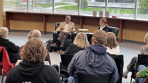 Nationally celebrated Canadian journalist and former Brandon Sun editor Haroon Siddiqui joined Kelly Saunders, Brandon University political science professor at Brandon University on Saturday afternoon. Siddiqui shared excerpts from his new book, “My Name Is Not Harry: A Memoir,” during a free public event in a fireside chat-style conversation with Saunders - in front of an audience of about 50 people, in the university's library. Notable Brandonites in attendance included, Mayor Jeff Fawcett, David Docherty, the university's president, Grant Hamilton, BU's director of marketing and communications, Colin Slark, Brandon Sun news reporter, and Matt Goerzen, Brandon Sun editor. (Michele McDougall/The Brandon Sun)