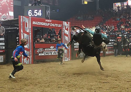 Electric Guitar sends rider Callum Miller flying 6.54 seconds into his ride at the PBR Chute Out at Westman Place on Saturday evening in front of an enthusiastic sold-out crowd. (Perry Bergson/The Brandon Sun)
May 25, 2024