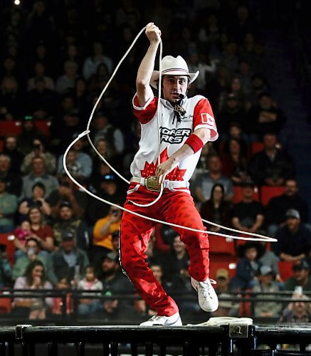 Entertainer Brinson Harris wows the crowd with some rope tricks during the PBR Chute Out at Westman Place on Saturday evening in front of an enthusiastic sold-out crowd. He was standing on the enclosure where in the middle of the ring where television cameras are situated. (Perry Bergson/The Brandon Sun)
May 25, 2024