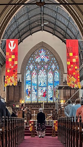 JOHN WOODS / FREE PRESS
Rev. Helen Holbrook leads a service at Holy Trinity Anglican Church Sunday, May 26, 2024. The church’s foundation is crumbling and the parish is looking for a buyer to help them rebuild it.

