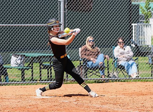 Westman Magic batter Katie Bell of Brandon makes contact with the ball during a Manitoba Premier Softball League U15 game at Ashley Neufeld Softball Complex on Sunday afternoon. Twordik was out on the play. (Perry Bergson/The Brandon Sun)
May 26, 2024