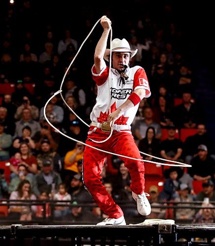 Entertainer Brinson Harris wows the crowd with some rope tricks during the PBR Chute Out at Westman Place on Saturday evening in front of an enthusiastic sold-out crowd. See Page B1 for a story and more photos.(Perry Bergson/The Brandon Sun)