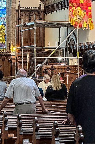 JOHN WOODS / FREE PRESS
Rev. Helen Holbrook leads a service at Holy Trinity Anglican Church Sunday, May 26, 2024. The church&#x2019;s foundation is crumbling and the parish is looking for a buyer to help them rebuild it.

Reporter: tyler