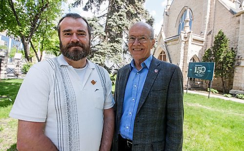 JOHN WOODS / FREE PRESS
Michael Minor, appointed warden, left, and retired Bishop Donald Phillips are photographed outside Holy Trinity Anglican Church Sunday, May 26, 2024. The church&#x2019;s foundation is crumbling and the parish is looking for a buyer to help them rebuild it.

Reporter: tyler