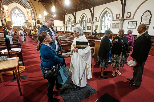 JOHN WOODS / FREE PRESS
Rev. Helen Holbrook greets parishioners after a service at Holy Trinity Anglican Church Sunday, May 26, 2024. The church&#x2019;s foundation is crumbling and the parish is looking for a buyer to help them rebuild it.

Reporter: tyler