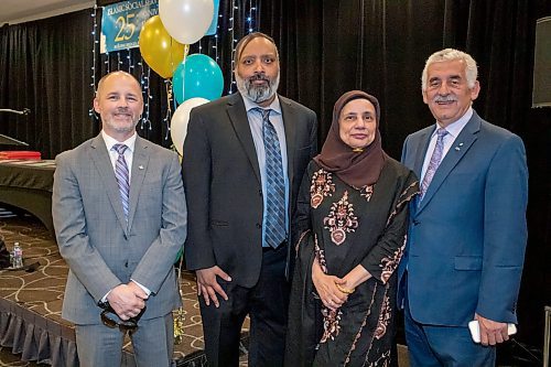 BROOK JONES / FREE PRESS
Winnipegger Shahina Siddiqui (second from far right), who created the Islamic Social Service Association is pictured with emcee Krishna Lalbiharie (second from far left), award receipient Shawn Feely and ISSA chair Abdo El Tassi (far right) at the ISSA's 25th Anniversary Fundraising Gala Dinner which was hosted at the Hilton Suites in Winnipeg,Man., Thursday, May 23, 2024. The event honoured the advocacy works of 10 community builders, including Uzoma Asagwara, Jennifer Chen, Shawn Feely, Leah Gazan, Harun Kibirige, Dr. Andrew McLean, Diane Redsky, Haroon Siddigui, Ramsey Zeid and the Winnipeg Foundation.