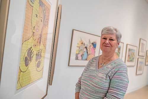 BROOK JONES / FREE PRESS
Darlene Coward Wight who is the Winnipeg Art Gallery-Qaumajuq Curator of Inuit Art is pictured standing next to Untitled (Shaman's Transformation, 2013), which is included in the Omalluq: Pictures from my Life exhibit and features work by Kinngait artist Omalluq Oshutsiaq at the WAG-Qaumajuq in Winnipeg, Man., Friday, May 24, 2024. This particular piece of artwork was done with graphite, coloured pencil and a felt-tip pen on paper. Oshutsiaq began drawing during the last two years of her life and died in 2014.. The art exhibit runs until March 30, 2025.