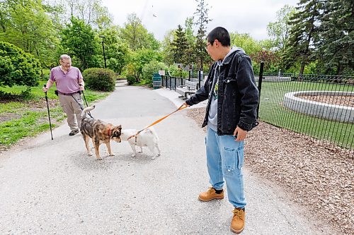 MIKE DEAL / FREE PRESS
Dean Weiss (left) with his dog, Tootie, who meets a new friend Dou Dou, who is with Yidan Zhu (right), while at the Bonnycastle Dog Park at Assiniboine Avenue and Garry Street, Tuesday afternoon.
240528 - Tuesday, May 28, 2024.