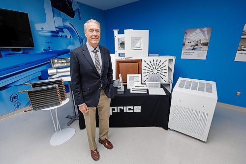 MIKE DEAL / FREE PRESS
Gerry Price, founder and CEO of Price Industries, with a collection of the company&#x2019;s air distribution products and technologies in one of the labs located in the Price Research Centre North at 638 Raleigh Street. Price is receiving the U of M's big IDEA award. Price Industries, headquartered in Winnipeg, is a $1.2 billion company that employs about 4,500 people in about a dozen plants around the world.
240528 - Tuesday, May 28, 2024.