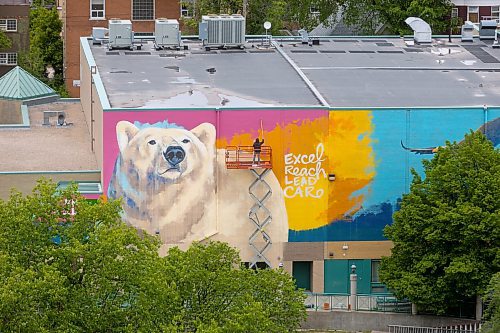 MIKE DEAL / FREE PRESS
Artist Kal Barteski works on a huge 36 x 110 foot (approximately 300 square metres) in-progress mural, located at Balmoral Hall School. The donor-funded initiative celebrate&#x2019;s the school&#x2019;s inclusive girls&#x2019; education program and Barteski says is inspired by bold, creative, fearless females, &#x201c;looking forward as strong, caring leaders of our communities and world.&#x201d;
240528 - Tuesday, May 28, 2024.