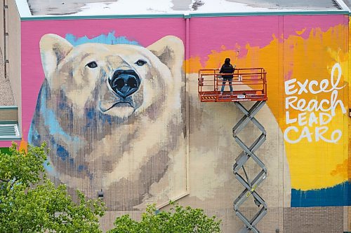 MIKE DEAL / FREE PRESS
Artist Kal Barteski works on a huge 36 x 110 foot (approximately 300 square metres) in-progress mural, located at Balmoral Hall School. The donor-funded initiative celebrate&#x2019;s the school&#x2019;s inclusive girls&#x2019; education program and Barteski says is inspired by bold, creative, fearless females, &#x201c;looking forward as strong, caring leaders of our communities and world.&#x201d;
240528 - Tuesday, May 28, 2024.