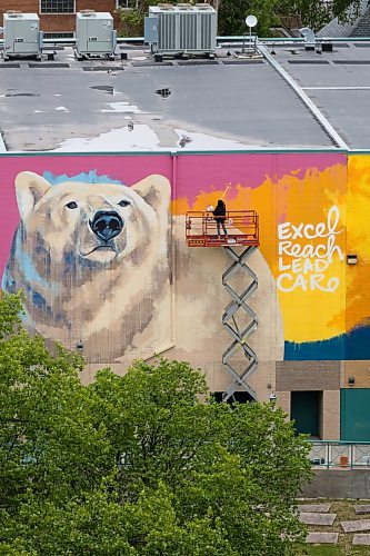 MIKE DEAL / FREE PRESS
Artist Kal Barteski works on a huge 36 x 110 foot (approximately 300 square metres) in-progress mural, located at Balmoral Hall School. The donor-funded initiative celebrate&#x2019;s the school&#x2019;s inclusive girls&#x2019; education program and Barteski says is inspired by bold, creative, fearless females, &#x201c;looking forward as strong, caring leaders of our communities and world.&#x201d;
240528 - Tuesday, May 28, 2024.