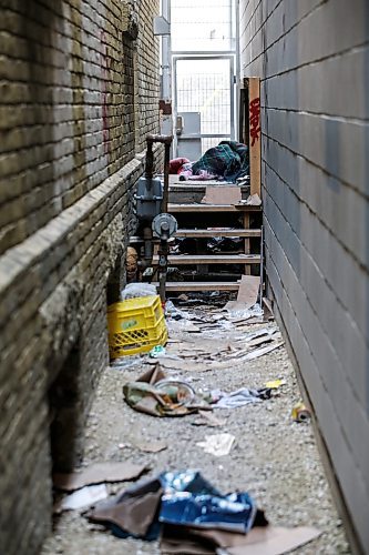 JOHN WOODS / FREE PRESS
The alley which acts as a sleeping place for homeless people next to The Meeting Place church, right, in downtown Winnipeg Tuesday, May 28, 2024. Allegedly downtown churches are facing security challenges.

Reporter: john