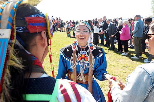 Tiara Bell of Sioux Valley Dakota Nation is congratulated by dignitaries on her upcoming graduation from Crocus Plains Regional Secondary School during the Our Journey: Celebrating Indigenous Student Success event at the Riverbank Discovery Centre on Wednesday. The event honoured Indigenous students including graduates from local elementary schools, high schools and college/university. It included a powwow, a pipe ceremony, a BBQ lunch and a late afternoon feast. 
(Tim Smith/The Brandon Sun)