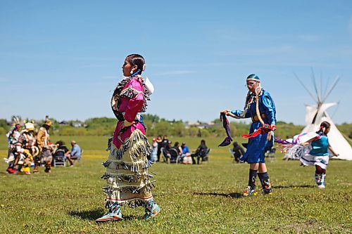 Oceanna Hall (left) of Sioux Valley Dakota Nation dances during a powwow on Wednesday. (Tim Smith/The Brandon Sun)