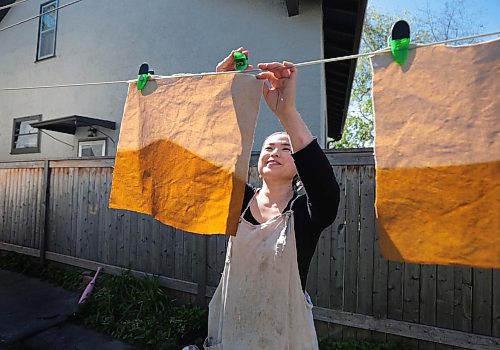 Ruth Bonneville / Free Press

49.8 The CREATORS - Michino 

Michino Tsuboi Phillips  in her home workshop and dyeing and hanging material on the line.  

Story: 49.8 The Creators
Michino makes hand-dyed aprons from heavy cottons and denims. She uses plants and flowers which she grows in her backyard to dye the materials which she then converts into aprons and bags.  

Photos of her in her workshop and  in the dyeing process outside her home her back garden. 

AV Kitching 
Writer, Arts &amp; Life, The Free Press

May 23rd, 2024
