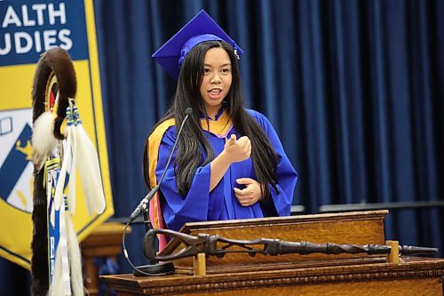 Faith Colobong, a graduate of the school of music, gives her valedictory speech during Thursday morning's convocation ceremony. (Abiola Odutola/The Brandon Sun)