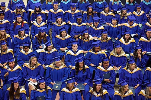 30052024
Graduates listen to Chancellor Mary Jane McCallum&#x2019;s greetings during Brandon University&#x2019;s convocation for the Faculty of Education at the BU Healthy Living Centre on Thursday. 
(Tim Smith/The Brandon Sun)