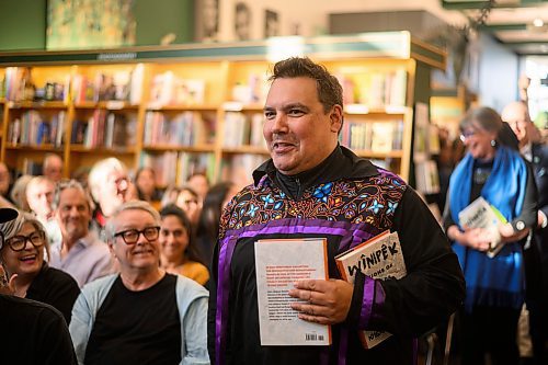 Mike Sudoma/Free Press
Writer Niigaan Sinclair is greeted by a room full of family, friends and fans as he launches his book Winip&#xea;k; Visions of Canada from an Indigenous Centre at McNally Robinson Thursday night
May 30, 2024