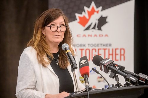 Mike Sudoma/Free Press
Hockey Canada President and CEO Katherine Henderson speaks on Hockey Canada&#x2019;s involvement in furthering  women and girls hockey programs Friday afternoon at the Delta Hotel Winnipeg.
May 31, 2024