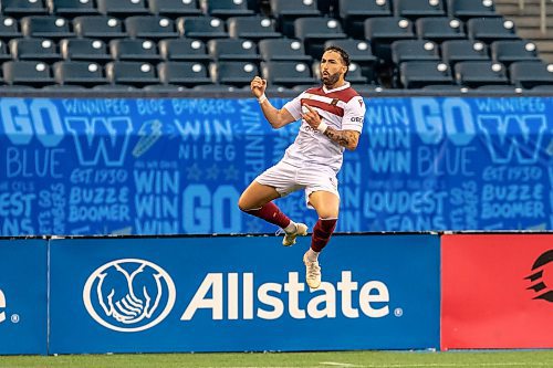 BROOK JONES / FREE PRESS.
Valour FC hosts visiting Vancouver FC in Canadian Premier League soccer action at Princess Auto Stadium in Winnipeg, Man., Sunday, June 2, 2024. Valour FC earned a 2-0 victory over Vancouver FC. Pictured: Valour FC attacker Jordan Swibel (No. 9), who is from Australia, leaps in the air as he celebrates his first goal of the match during the first half. Swibel went on to score his second goal of the game during the second half.