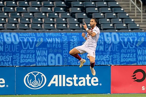 BROOK JONES / FREE PRESS.
Valour FC hosts visiting Vancouver FC in Canadian Premier League soccer action at Princess Auto Stadium in Winnipeg, Man., Sunday, June 2, 2024. Valour FC earned a 2-0 victory over Vancouver FC. Pictured: Valour FC attacker Jordan Swibel (No. 9), who is from Australia, leaps in the air as he celebrates his first goal of the match during the first half. Swibel went on to score his second goal of the game during the second half.