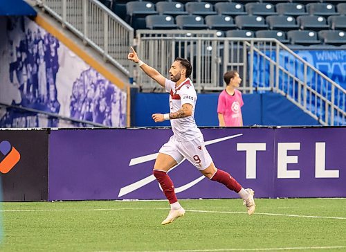 BROOK JONES / FREE PRESS.
Valour FC hosts visiting Vancouver FC in Canadian Premier League soccer action at Princess Auto Stadium in Winnipeg, Man., Sunday, June 2, 2024. Valour FC earned a 2-0 victory over Vancouver FC. Pictured: Valour FC attacker Jordan Swibel (No. 9), who is from Australia, celebrates his first goal of the match during the first half. Swibel went on to score his second goal of the game during the second half.