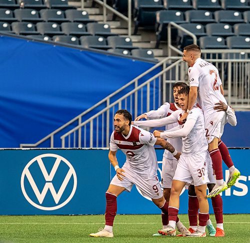 BROOK JONES / FREE PRESS.
Valour FC hosts visiting Vancouver FC in Canadian Premier League soccer action at Princess Auto Stadium in Winnipeg, Man., Sunday, June 2, 2024. Valour FC earned a 2-0 victory over Vancouver FC. Pictured: Valour FC attacker Jordan Swibel (far left), who is from Australia, is surrounded by teammates as they celebrates his first goal of the match during the first half. Swibel went on to score his second goal of the game during the second half.