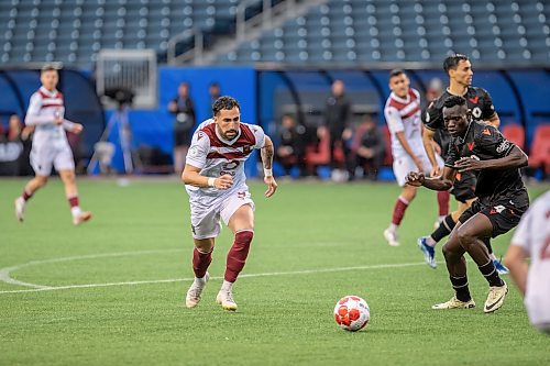 BROOK JONES / FREE PRESS.
Valour FC hosts visiting Vancouver FC in Canadian Premier League soccer action at Princess Auto Stadium in Winnipeg, Man., Sunday, June 2, 2024. Valour FC earned a 2-0 victory over Vancouver FC. Pictured: Valour FC attacker Jordan Swibel (No. 9), who is from Australia, keeps focused on the soccer ball during second half action.